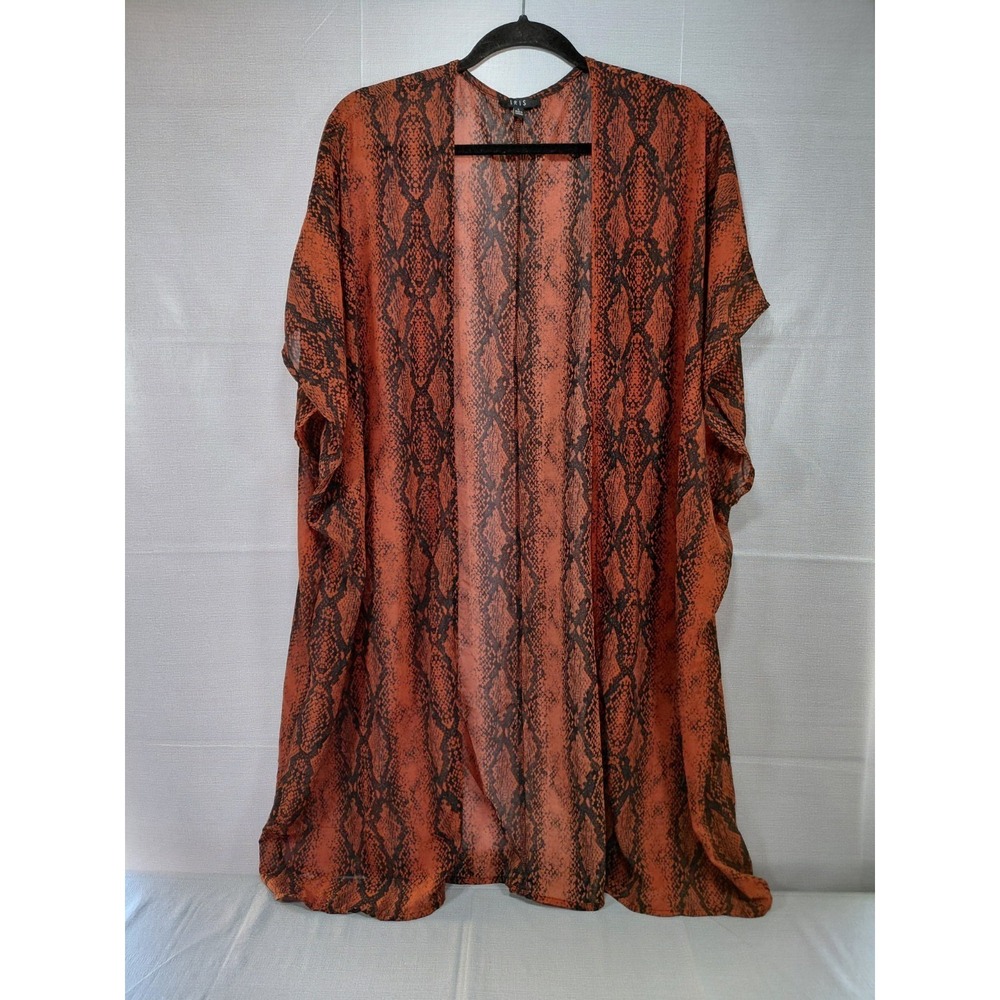 Iris‎ Sheer Open Front Snakeskin Kimono Duster LG Orange Black Flowy